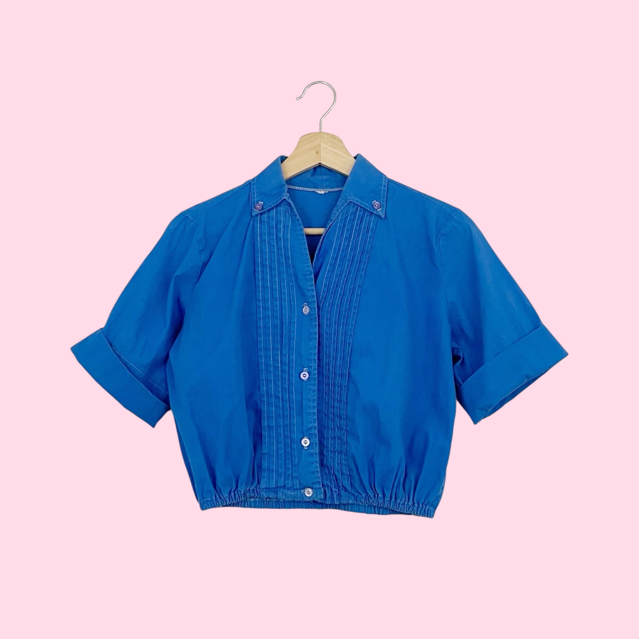60s BLUE CROPPED COTTON BLOUSE (M)