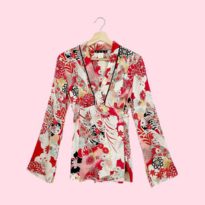 FLORAL SILK TIE BACK BLOUSE (M)