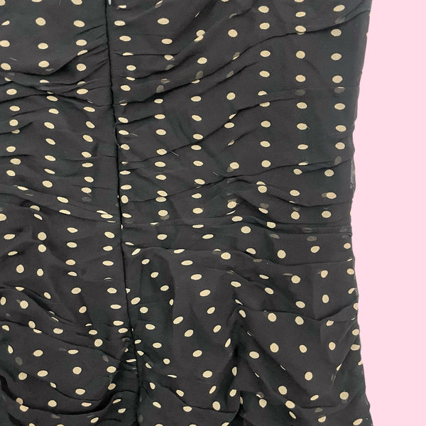 BLACK + TAN RUCHED SILK MIDI DRESS (2)