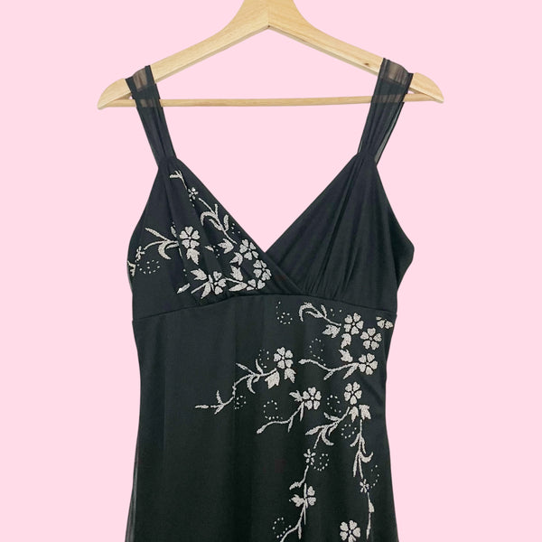 BLACK BEADED FLORAL MIDI DRESS (M/L)
