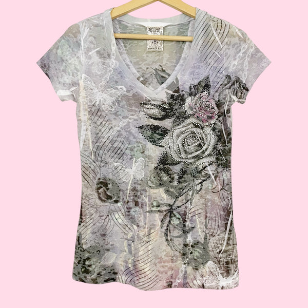 RHINESTONE ROSE + BUTTERFLY PRINT T-SHIRT (M)
