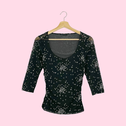 CIRCLE PRINT RUCHED MESH TOP (S)