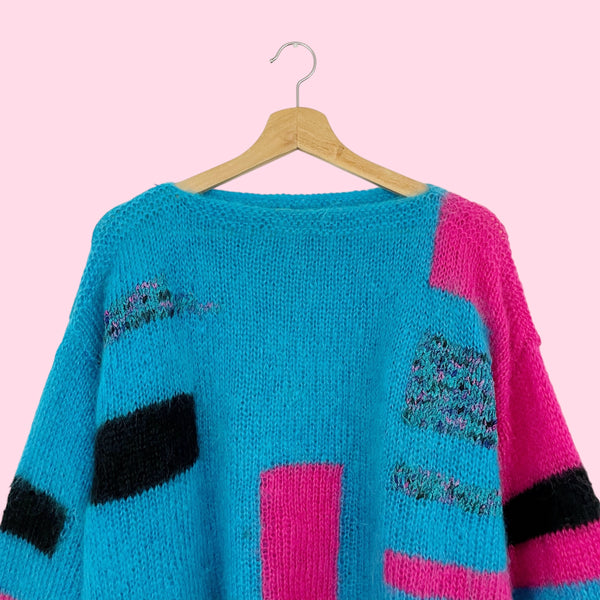 BLUE + PINK PATTERNED MOHAIR SWEATER (L)