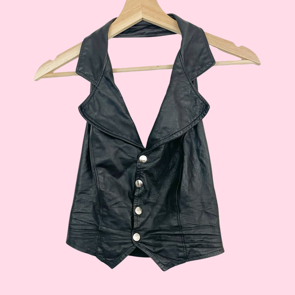 BLACK LEATHER HALTER VEST (S)