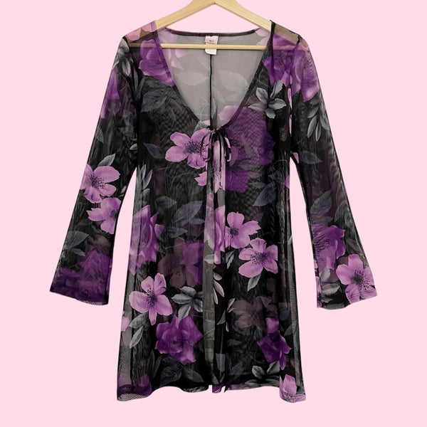 BLACK + PURPLE FLORAL MESH TIE FRONT COVER UP (M)