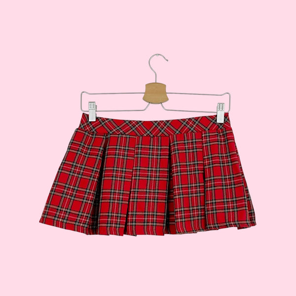 RED PLAID PLEATED MICRO MINI SKIRT (S/M)