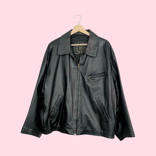 Black Leather Oversized Bomber Jacket (XL)