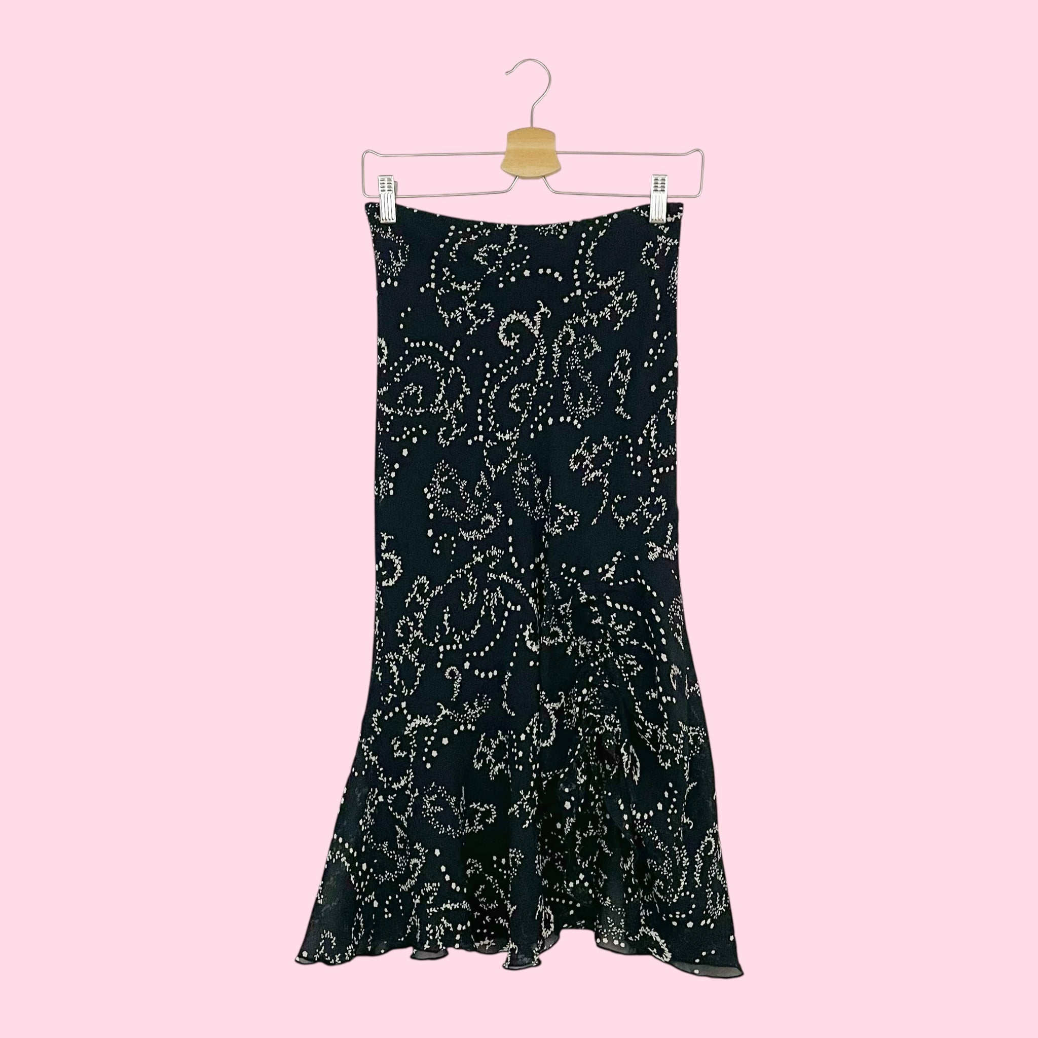 BLACK + CREAM FLORAL CINCHED MIDI SKIRT (S)