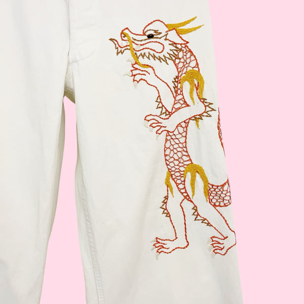 VINTAGE US NAVY WHITE PANTS W/ EMBROIDERED DRAGON (28)