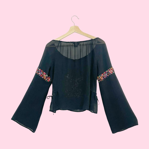 Black Embroidered Silk Blouse w/ Side Ties (M/L)