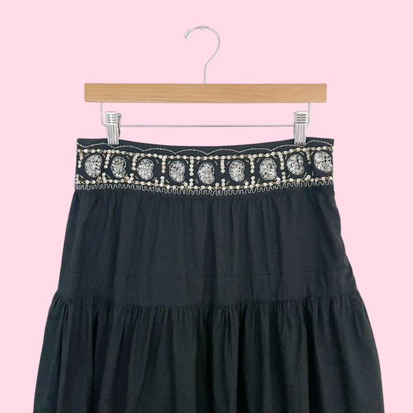 Y2K Black Cotton Tiered Skirt w/ Beaded Trim (8)