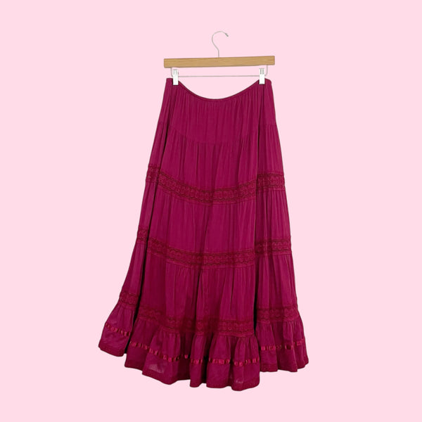 Y2K Dark Red Tiered Prairie Skirt (L/XL)