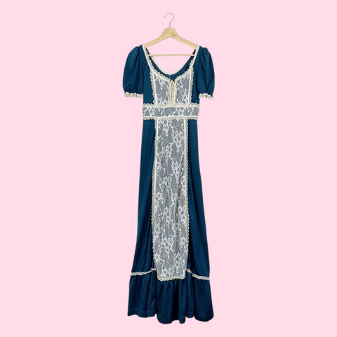 70s DARK BLUE + CREAM LACE PRAIRIE DRESS (6)