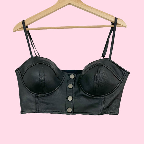 BLACK LEATHER CROPPED BUSTIER TOP (L)