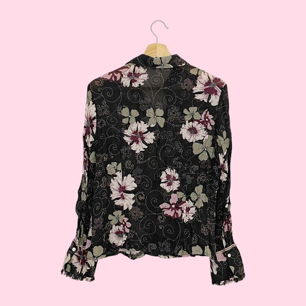 BROWN FLORAL PRINT WRINKLE BLOUSE (L)