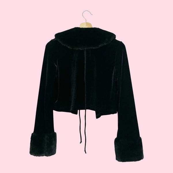 Black Velvet Tie Front Cardigan w/ Faux Fur Trim (L/XL)