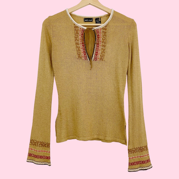 TAN KNIT KEYHOLE SWEATER (S)