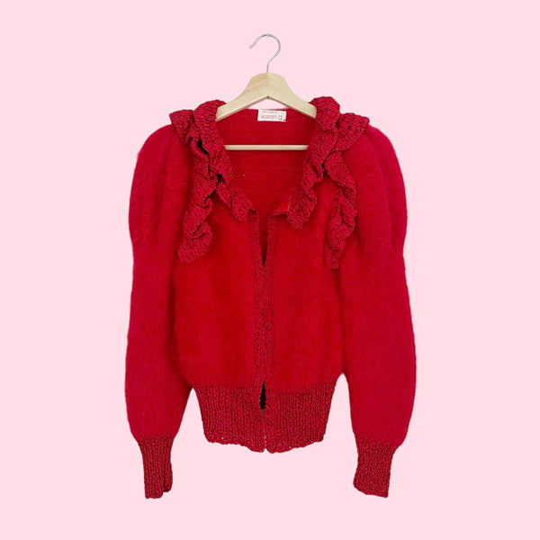 RED ANGORA PUFF SLEEVE CARDIGAN (S)