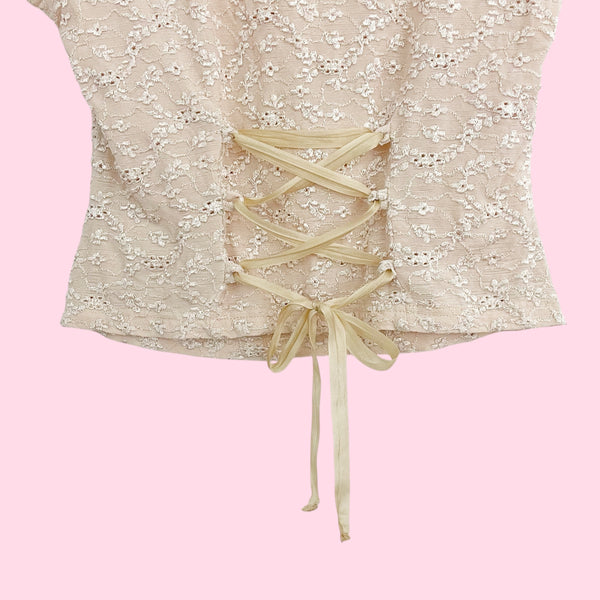 XOXO TAN FLORAL LACE UP TOP (M)