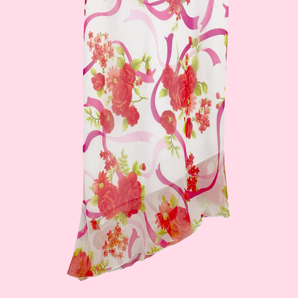 FLORAL RIBBON PRINT COWL NECK MIDI DRESS (M)