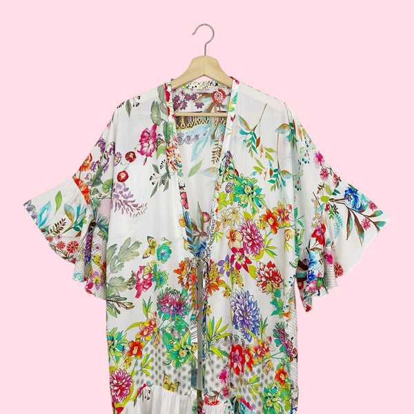 JOHNNY WAS FLORAL TIE FRONT RUFFLE KIMONO (XS)