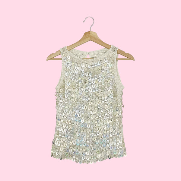 WHITE KNIT SEQUINS TANK (S)