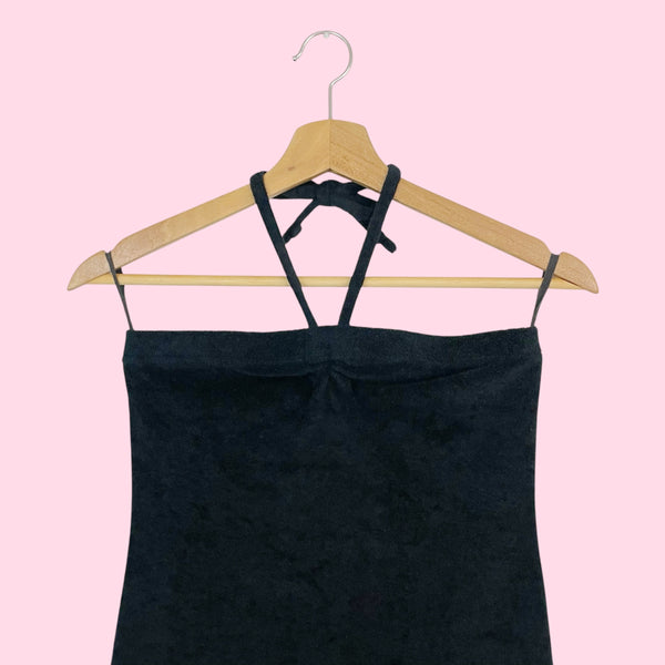 BLACK TERRY CLOTH HALTER MINI DRESS (S)