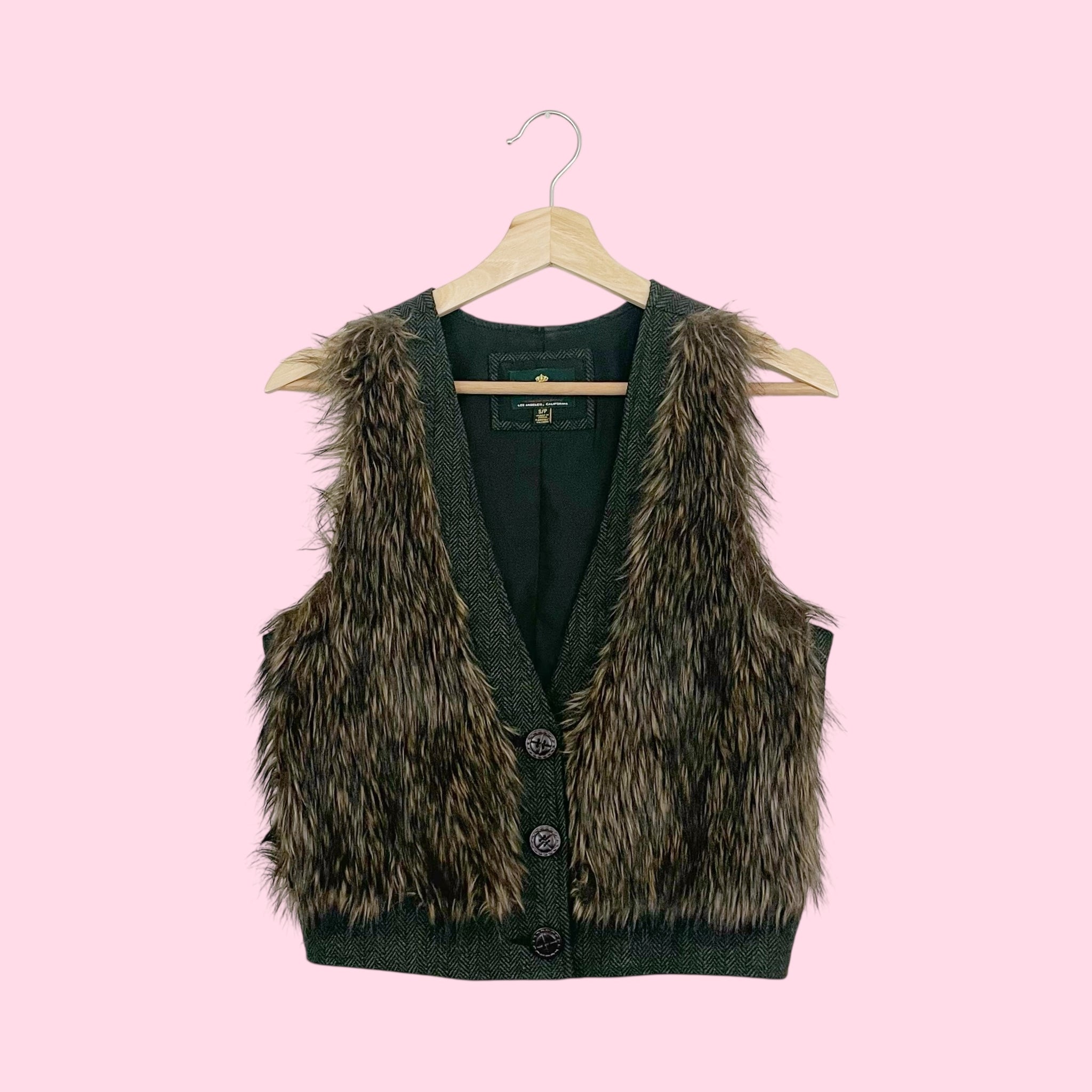 BROWN FAUX FUR PANEL TWEED VEST (S)