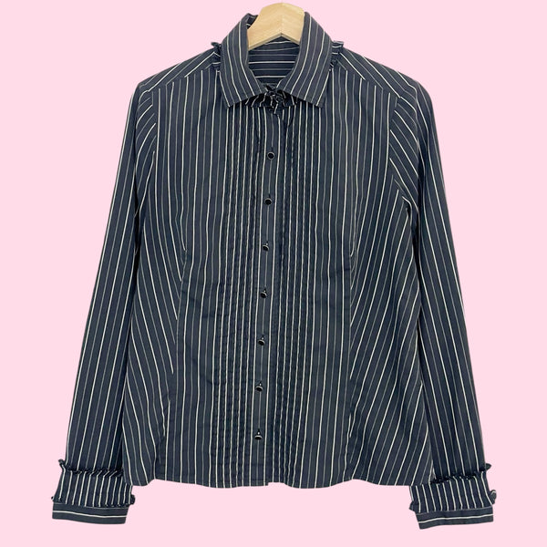 Black + White Striped Ruffle Blouse (M)