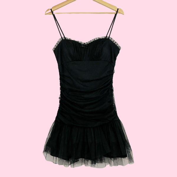 BLACK RUCHED TULLE MINI DRESS (S)