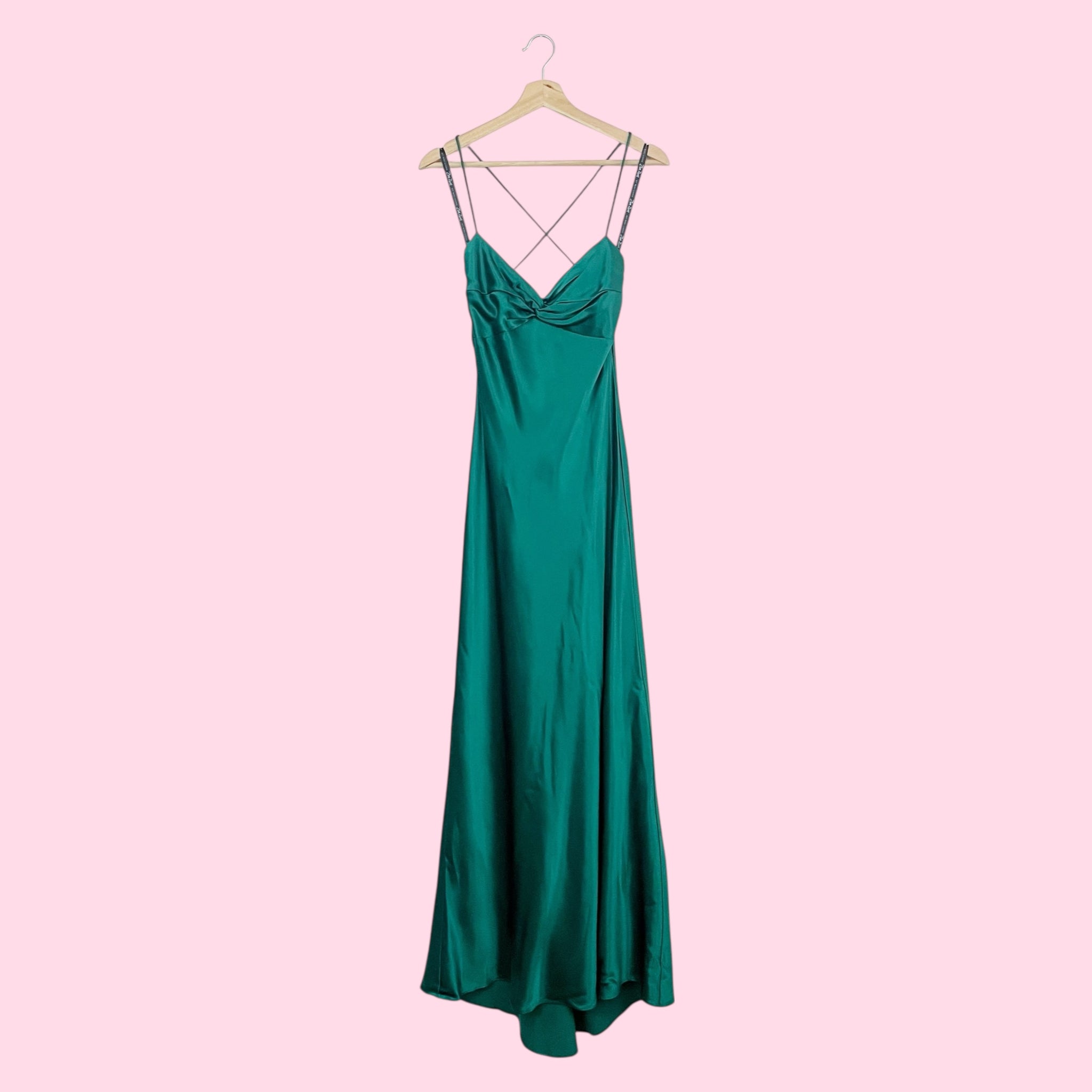 EMERALD GREEN SATIN MAXI DRESS (3/4)