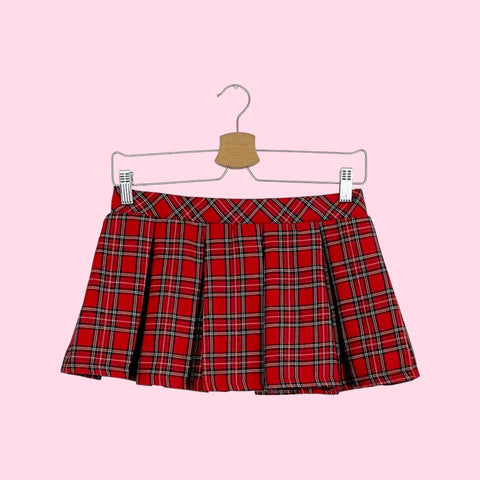 RED PLAID PLEATED MICRO MINI SKIRT (S/M)