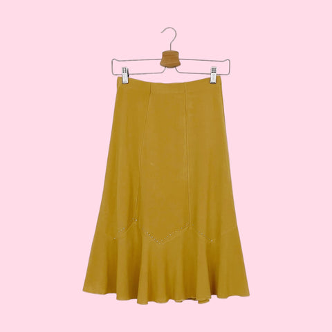 TAN STUDDED PANELED MIDI SKIRT (XS)