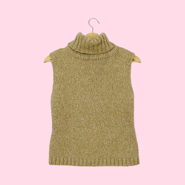 Tan Cable Knit Sleeveless Turtleneck (S)