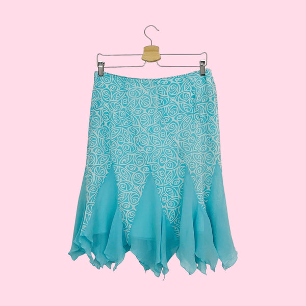 AQUA + WHITE PRINTED SILK MIDI SKIRT (S)