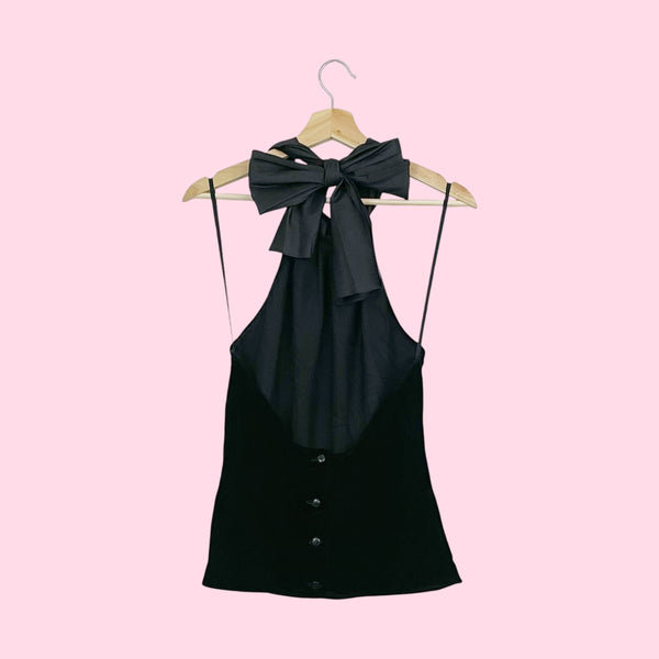 BLACK VELVET TIE HALTER TOP (M)