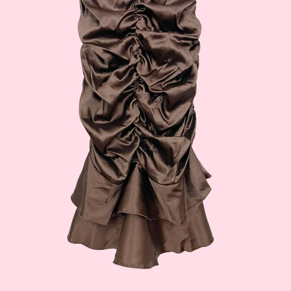 BROWN RUCHED HALTER MIDI DRESS (XS)