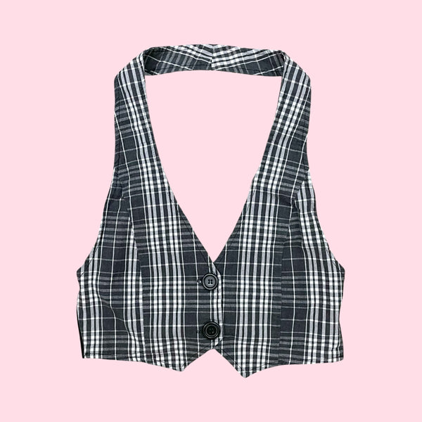 PLAID TIE BACK CROPPED VEST (S/M)