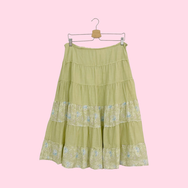 Light Green Floral Tiered Prairie Skirt (M)