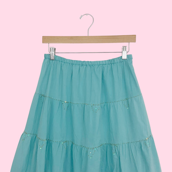 Aqua Cotton Tiered Midi Skirt w/ Sequins (S/M)