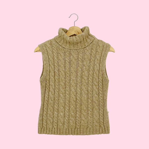 Tan Cable Knit Sleeveless Turtleneck (S)