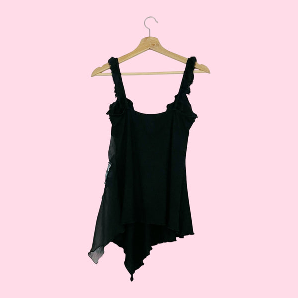 Y2K BLACK BEADED FUR TRIM TANK TOP (M)