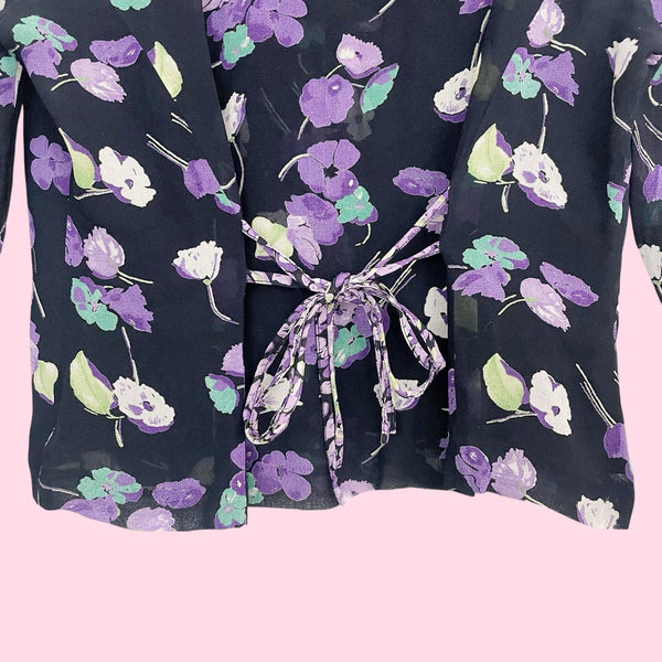 90s Navy Floral Rayon Tie Back Blouse (12)