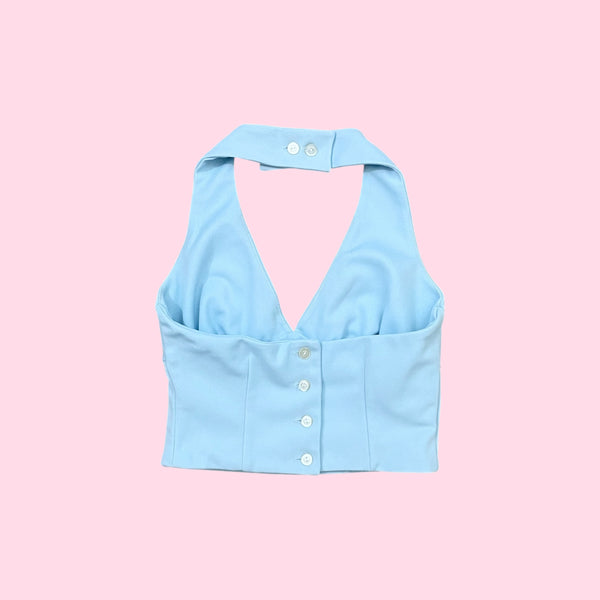 70S LIGHT BLUE HALTER CROP TOP (S/M)