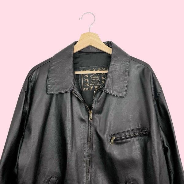 Black Leather Oversized Bomber Jacket (XL)