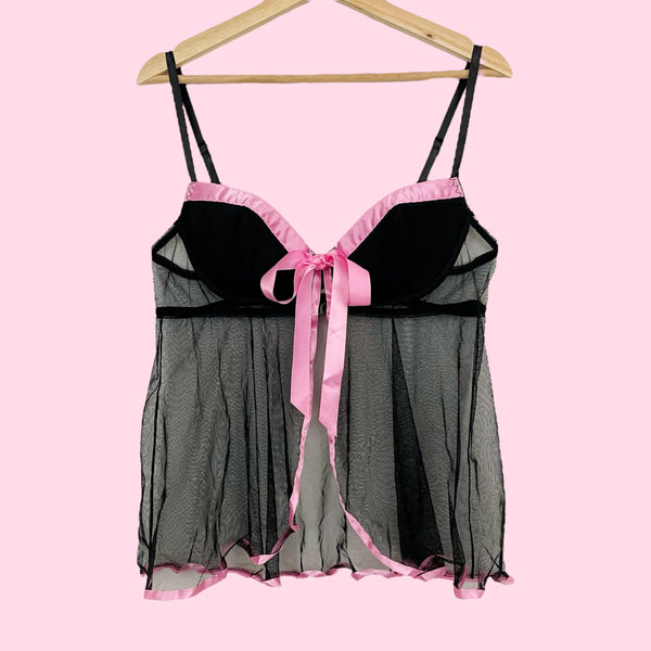 BLACK + PINK OPEN FRONT MESH BABYDOLL (L)