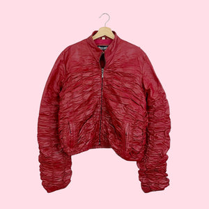 RED RUCHED LEATHER JACKET (L)