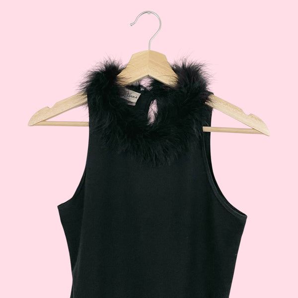 BLACK MARABOU TRIM TANK TOP (M)