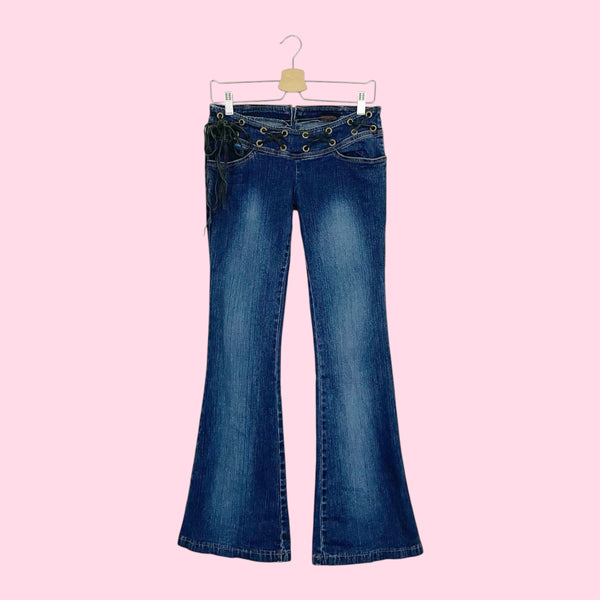 LOW RISE FLARE JEANS W/ SUEDE LACE (S)