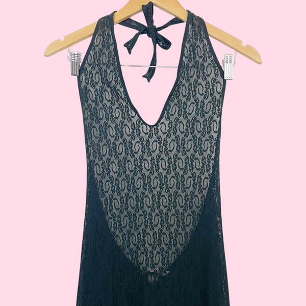 Y2K Victoria’s Secret Black Lace Low Back Halter Dress (M)